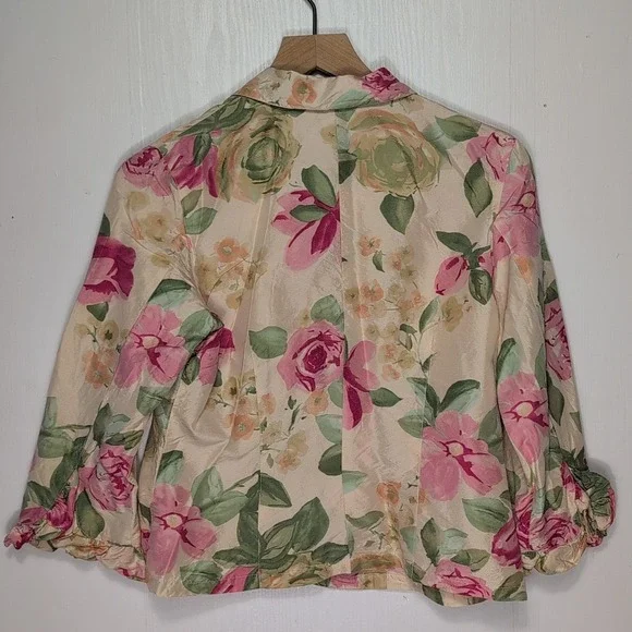 Vintage Melrose Studio Silk Cotton Floral Blazer Jacket Pink Green Rose Size 8 - Picture 2 of 10